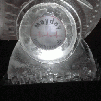 Close-up of Mayday Healthcare 10th anniversary Vodka Luge from Passion for Ice