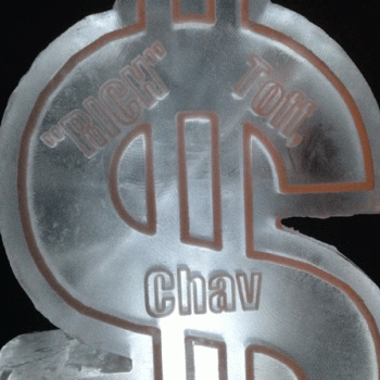 Dollar Symbol Vodka Luge Close-up of top text  from Passion for Ice