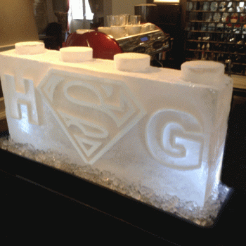 Side view of Lego block with Superman logo Ice Sculpture from Passion for Ice